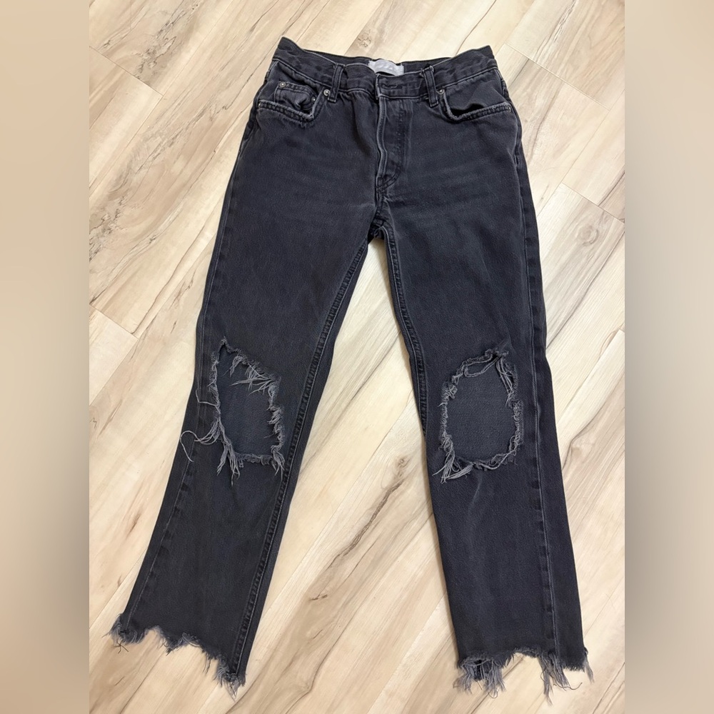 Free People Charcoal Distressed Straight Leg Jeans